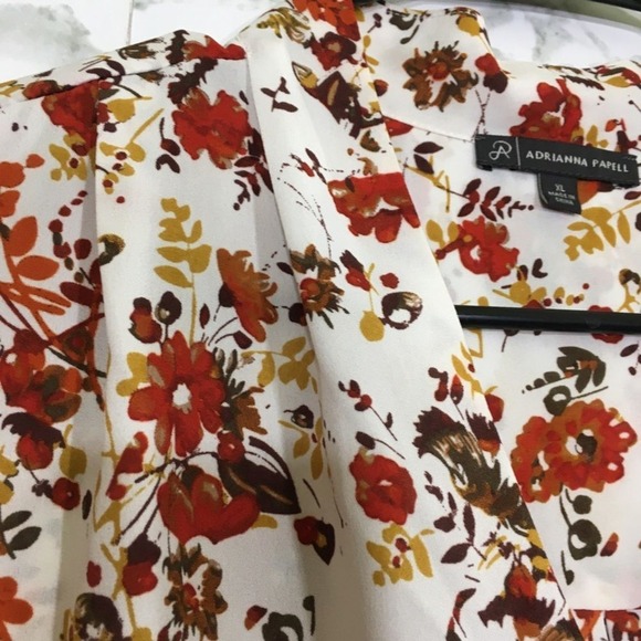 Adrianna Papell Womens XL Floral V-Neck Blouse Long Sleeve Rust Mustard - Picture 3 of 9